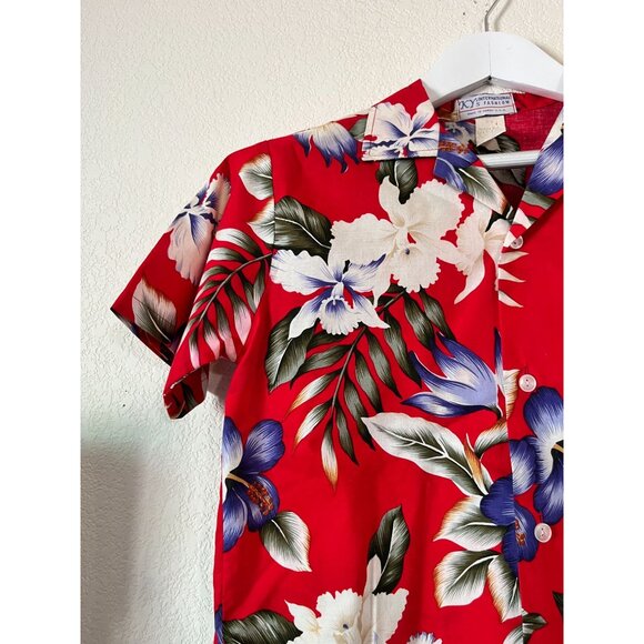 KYs International Men Red Floral Hawaiian Shirt XL Cotton Short Sleeve Button Up - Picture 3 of 8